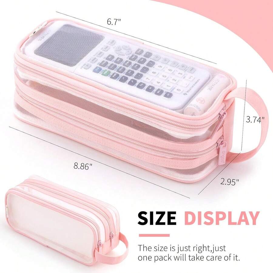 1pc/2pcs Large Mesh Transparent Pencil Case With 2-Layer Compartment Design, Clear Visible Thickened Mesh Material, Multi-Function Stationery Storage Bag, Back To School Season University Dorm Office Travel Student Unisex Essential Stationery Pouch - Multicolor - View 1
