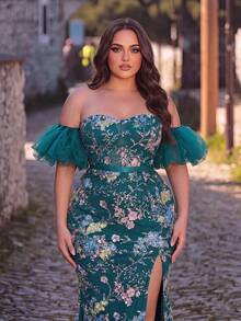 Plus Size Glamorous Floral Sequin Open Shoulder Cold Shoulder Mermaid Formal Evening Gown Long Dress Wedding Party Vacation - Teal Blue - View 3