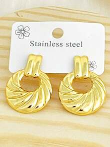 1 Pair Women's Twisted Hoop Stud Drop Earrings, Low-Allergy Stainless Steel Gold-Tone Swirl Textured Dangle Earrings, Jewelry Gift - Multiple Styles - View 5