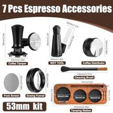 7 PCS Espresso Accessories Kit, Espresso Tamping Station, Coffee Tamper, Coffee Distributor, WDT Tool, Puck Screen, Dosing Funnel, Cleaning Brush, Barista Tools Set - Black - View 6