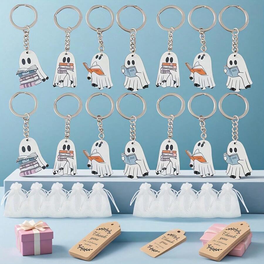 14PCS/Set Halloween Theme Book Ghost Pattern Acrylic Keychain Pendant, Halloween Gift, Small Hanging Decoration Accessory, Holiday Atmosphere Ornament - Multicolor - View 1