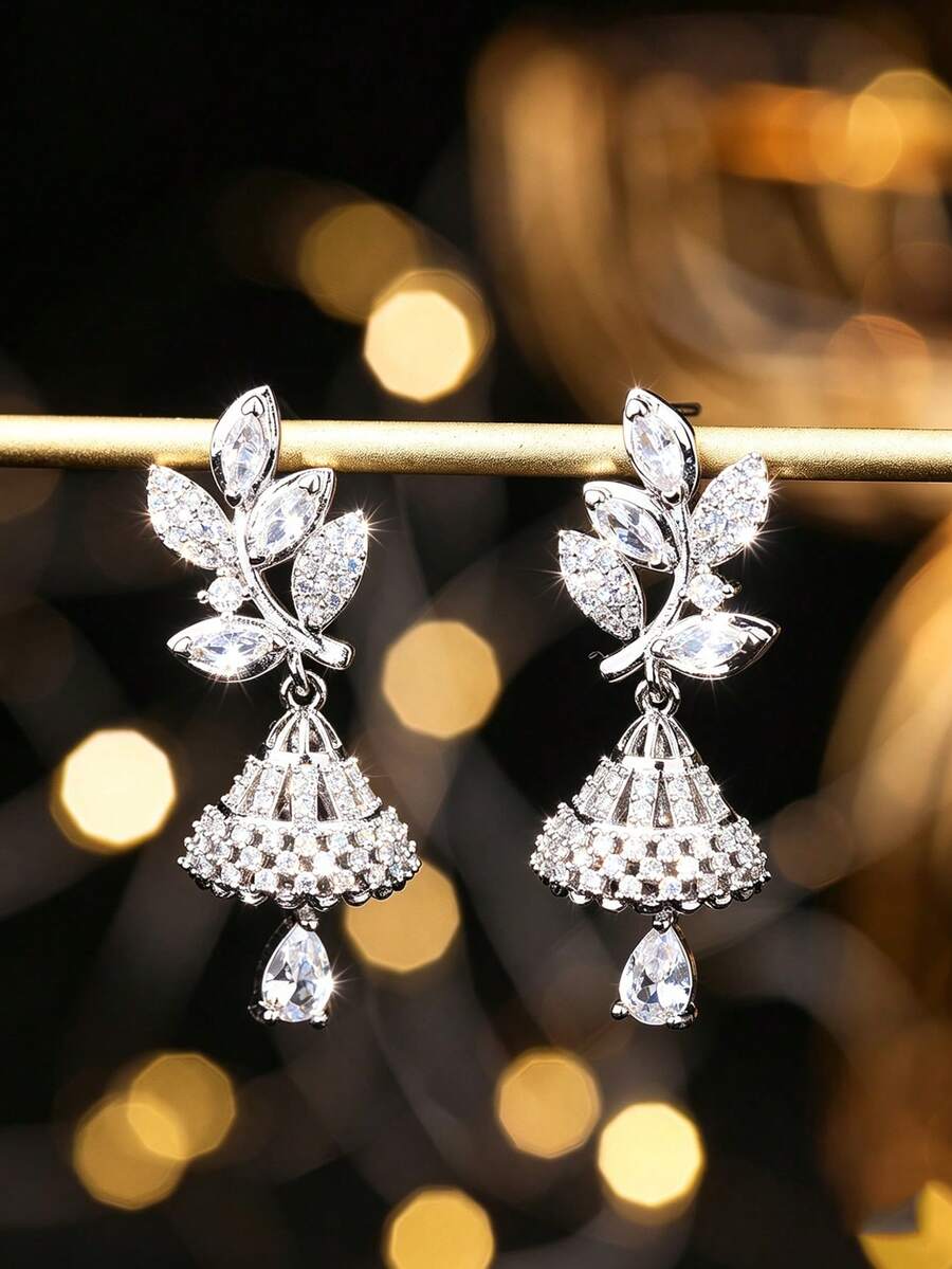 1 Pair Luxury Jhumka Elegant Zirconia Leaf Earrings Fashion Design Bell Earrings Glamorous Bollywood Jhumki, Suitable For Women, Girls Daily, Festival, Wedding And Party Wear/Jewelry Gift - Classic - View 1