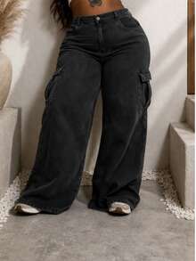 Calça Jeans Feminina Wide Leg Cargo Plus Size - Chumbo - Visão 4