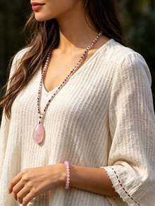 Yumfeel 2PCS Elegant Natural Rose Quartz Necklace & Bracelet Set, Fashion Water Drop Pendant Sweater Chain, Valentine's Day Gift - Multicolor - View 5