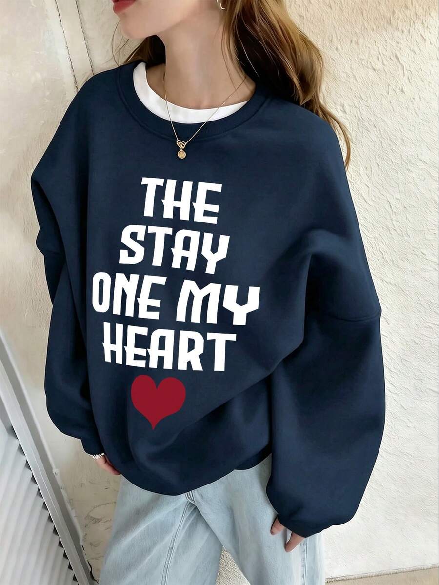 Women's Crew Neck Sweatshirt, New Autumn/Winter Heart Pattern And Letter Print, Casual Versatile Loose Fit Top, Fashionable Daily Wear - Navy Blue - View 1