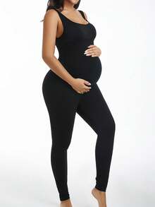 Women Maternity Shapewear Jumpsuit, Pregnancy Compression High Stretch Bodysuit ,Full Length Leggings For Tummy Control & Comfort - Black - View 3