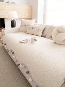 1pc Chenille Material Solid Color Pom Pom Tassel Sofa Cover, Non-Slip And Anti-Dirt Backing, Pet-Friendly, All-Season Use, Machine Washable, Home Decor Holiday Arrangement Old Sofa Renewal, Suitable For 1/2/3/4 Seat Armrest Backrest Cover - Beige - View 6