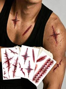 3 Peças Adesivos de Tatuagem Temporária Realistas de Cicatriz, Cicatrizes Sangrentas de Halloween, Tatuagens Falsas de Ferida Costurada, Tatuagens Temporárias à Prova d'Água e Duradouras, Tatuagens Falsas Essenciais para Festas de Halloween & Pegadinhas - Vermelho - Visão 7