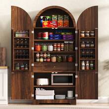 MERAX 72" Tall Arched Kitchen Pantry Cabinet With 8 Door Shelves, Fluted Storage Cabinets With 3 Adjustable Shelves, Hidden Drawer, Versatile Cupboard For Kitchen, Dining & Bath Room, Brown - Brown - View 3