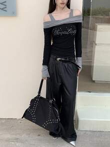 New Women's Spring/Autumn Sexy Colorblock Patchwork Open Shoulder Rhinestone Long Sleeve Slim Fit Base Layer Top - Black - View 8
