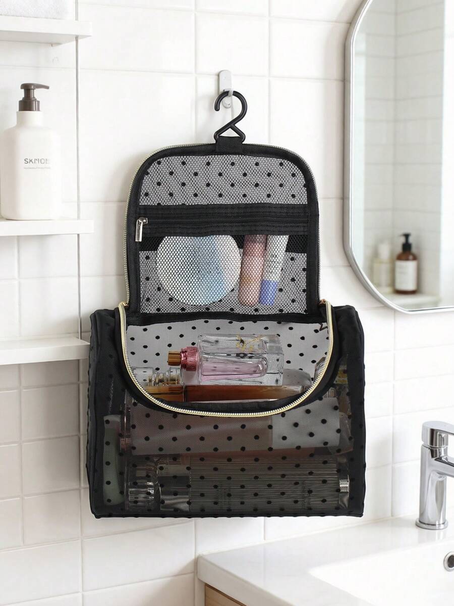 1/2pcs Portable Mesh Makeup Bag For Women, Large Capacity Mesh Toiletry Bag With Hanging Hook, Travel Wash Bag, Hanging Cosmetic Organizer, Toiletries Storage Bag, Essential Organizer For Business Trip And Travel