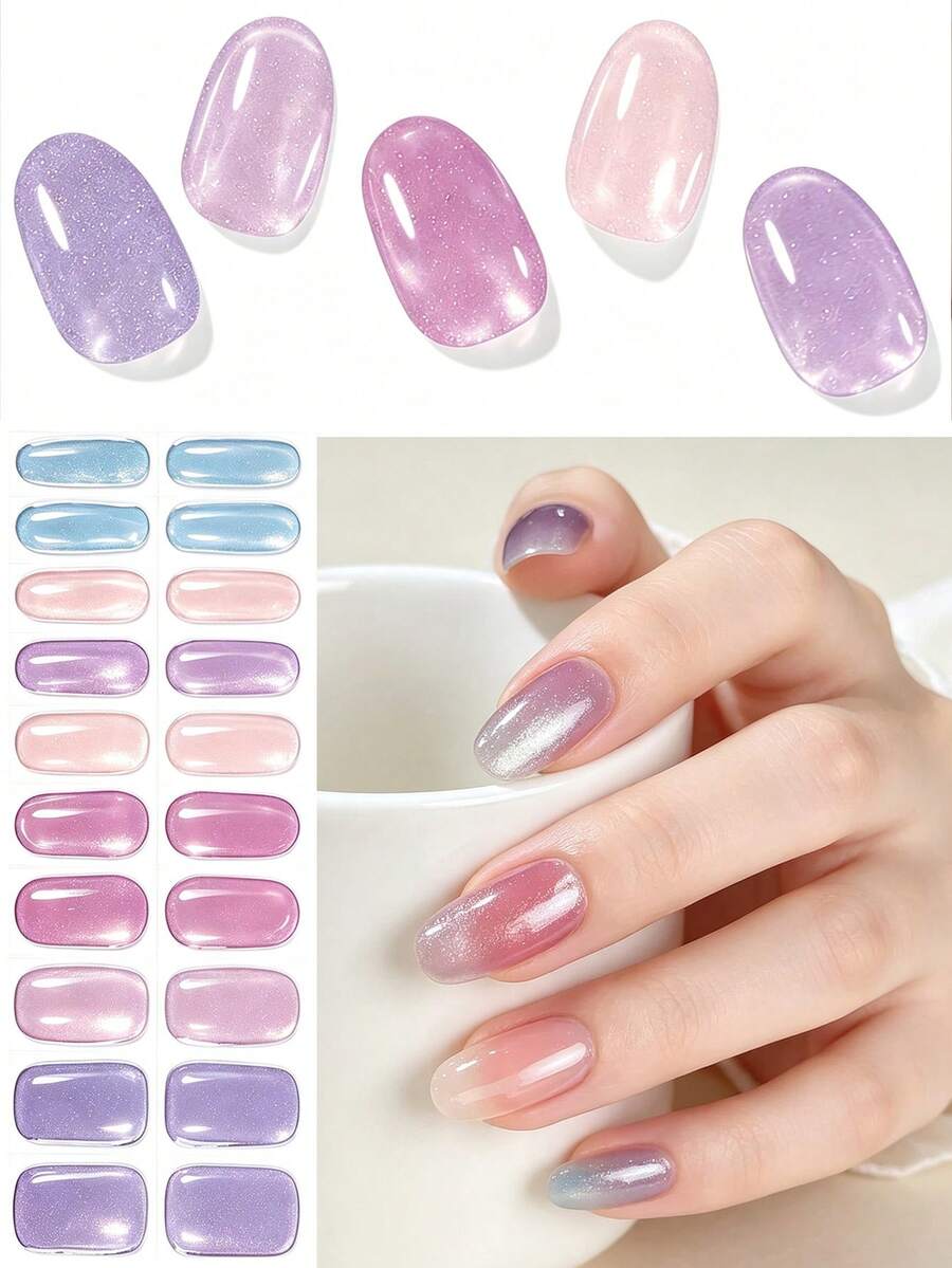 20 Pieces Of Semi-Cured Gel Colorful Semi-Transparent Nail Stickers, Requiring UV/LED Light For Gel Nails. Long-Lasting Full Coverage Gel Nail Stickers That Work With Any UV Lamp. Full Nail Set, Perfect DIY Gift For Women And Girls, Nail Decoration.