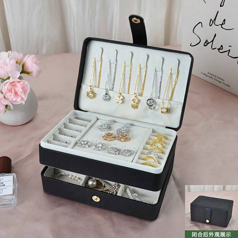 1pc Cross-Textured Jewelry Storage Box, Multi-Layer Large Capacity Organizer For Earrings, Necklaces, Rings - Multicolor - View 1