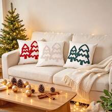 1pc Christmas Chenille Embroidered Pillow Case, Christmas Tree Embroidery Decorative Pillow Cover, Christmas Party Home Decor Pillowcase, Pillow Insert Not Included - Red - View 1