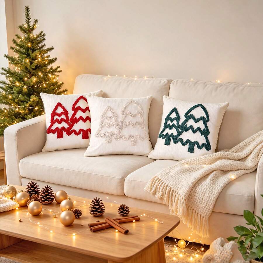 1pc Christmas Chenille Embroidered Pillow Case, Christmas Tree Embroidery Decorative Pillow Cover, Christmas Party Home Decor Pillowcase, Pillow Insert Not Included - Red - View 1