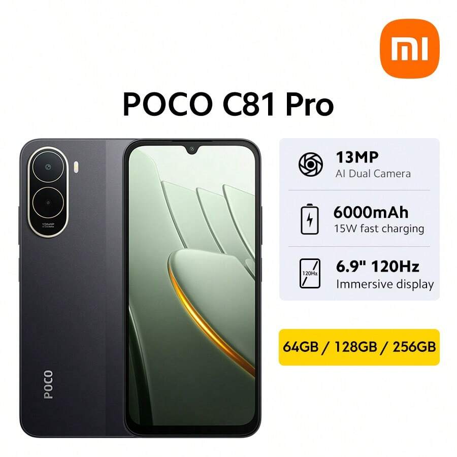 小米 POCO C81 Pro 全球版智慧型手機 NFC 沉浸式 6.9 吋螢幕 120Hz 高更新率 6000mAh(Typ) 電池 強大八核處理器 13MP AI 雙鏡頭 優雅精緻設計 支援記憶體擴充 側邊指紋感應器 AI 面部解鎖 3.5mm 耳機孔 200% 音量增強 Xiaomi HyperOS 3 - 黑色 - 查看 1