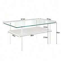 Modern Coffee Table With Black Glass Top, Living Room Table With MDF Shelf And Metal Frame, Rectangular Sofa Table With 2-Tier Storage, Black-H45/W98/D58 Cm - 白色 - 查看 6