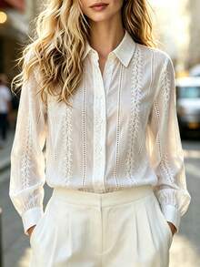 Women's Elegant Solid Embroidery Button Front Shirt, Sheer Collared Long Sleeve Top For Business, Office, Daily, Spring Summer Fall Winter White - White - View 6