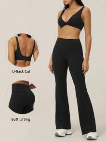 TimeOff Women's One Set Striped Spaghetti Strap Double Strap Bra With Folded Double Waist Wide Leg Pants Sports Set - Black - View 1
