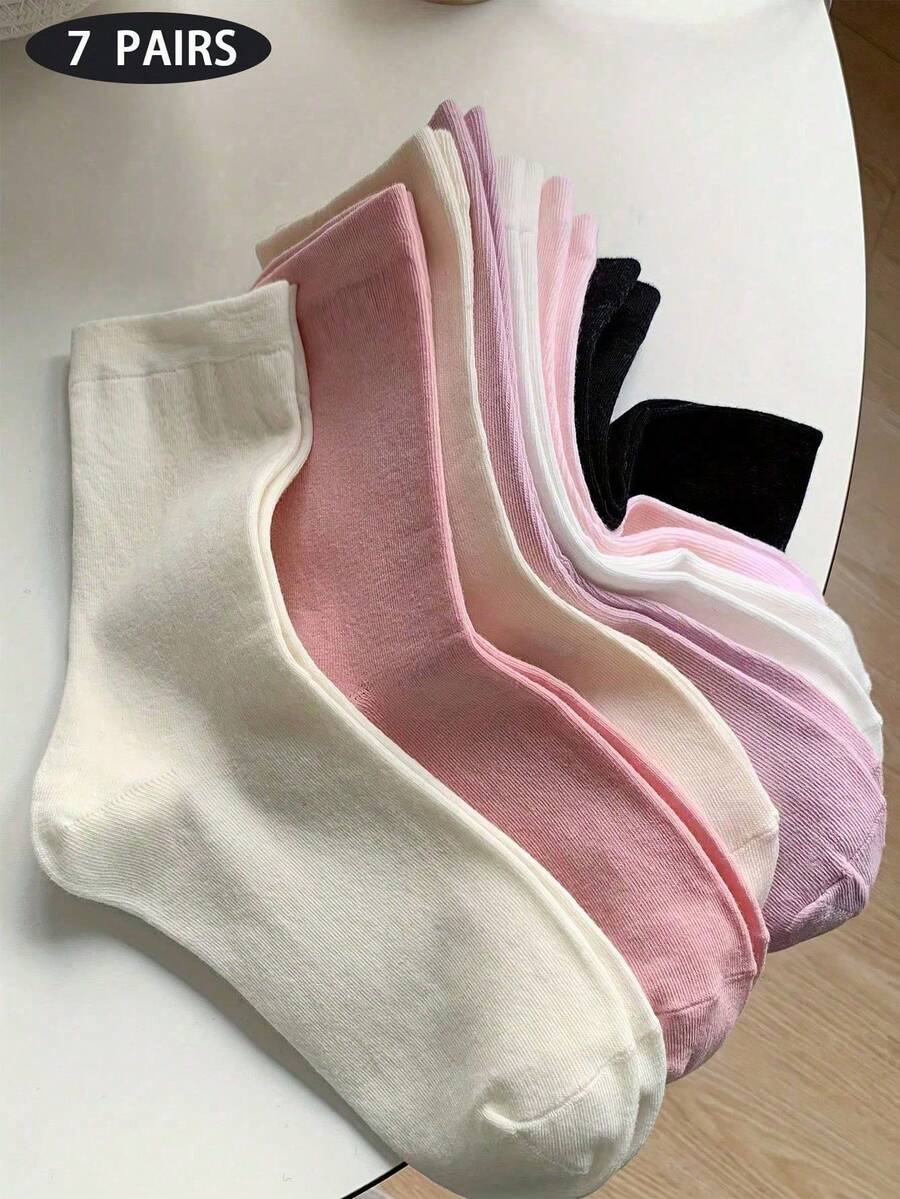 5/7 Pairs Random Solid Color Mid-Calf Socks, College Style Casual Soft Comfortable Women's Mid-Calf Socks, Suitable For Daily Wear, Versatile - Multicolor - View 1