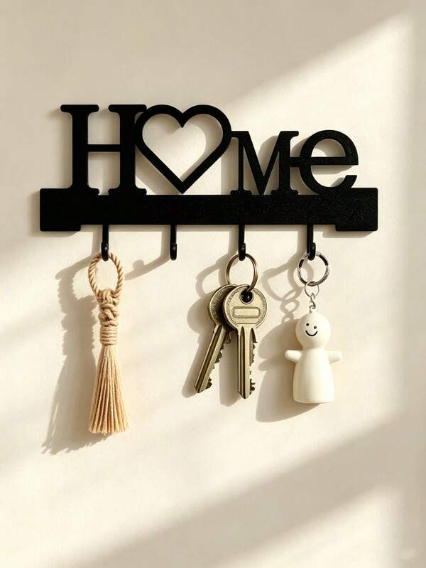 1pc Heart & HOME Letter Wall-Mounted Key Holder Rack, No-Drill Entryway Storage Rack With Hooks, Living Room & Hallway Decorative Shelf, Sturdy Metal Material, Black Aesthetic Style, Suitable For Home, Office, Mudroom, Can Hang Car Keys, Handbags, Keychains, Room Decor, Office Desk Accessories, Kitchen Decor