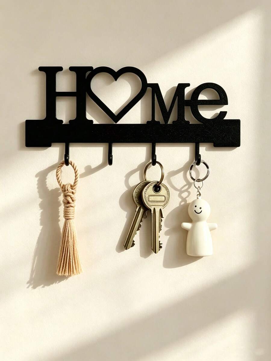 1pc Heart & HOME Letter Wall-Mounted Key Holder Rack, No-Drill Entryway Storage Rack With Hooks, Living Room & Hallway Decorative Shelf, Sturdy Metal Material, Black Aesthetic Style, Suitable For Home, Office, Mudroom, Can Hang Car Keys, Handbags, Keychains, Room Decor, Office Desk Accessories, Kitchen Decor