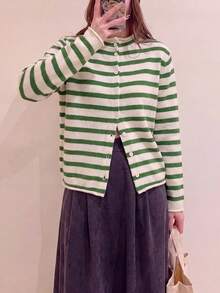 Women's Autumn Casual Minimalist Versatile Striped Cardigan Knit Sweater Jacket Fall - Green - View 4