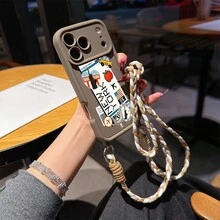 Set 2 Buah Baru: Casing Ponsel Anti Jatuh Bambu Cokelat Berkualitas Tinggi dengan Motif Tiket Maskapai New York Minimalis + Tali Panjang Kepang Buatan Tangan, Pelindung Sederhana Tahan Guncangan Tahan Lama Perlindungan Penuh untuk Seri 7-17 Pro Max - Coklat - View 2
