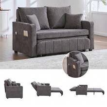 Multifunctional Fabric Sofa, Pull-Out Sleeper Sofa, Usable As A Sofa Or Bed, With Storage Pockets On The Armrests - Grey - View 4