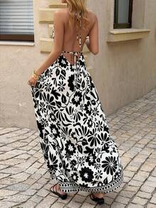 Women's Fashion Elegant French Style Spaghetti Strap V-Neck Tie Back Open Back Ditsy Floral Dress - Black - View 8
