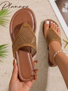New Women's Popular Summer Fashion Minimalist Breathable Woven Mesh Design Slip-On Round Toe Thong Flat Brown Sandals - Brown - View 1