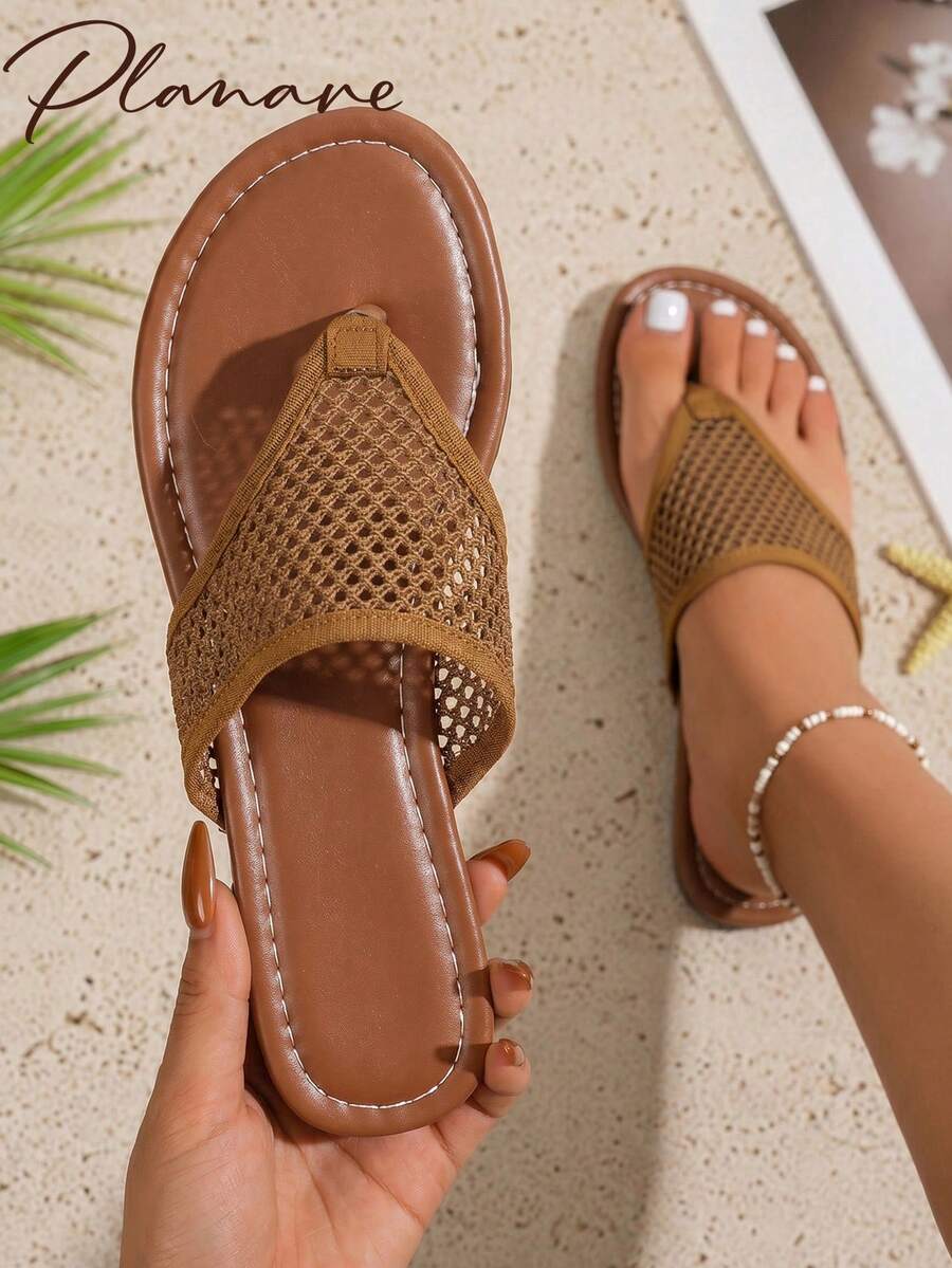 New Women's Popular Summer Fashion Minimalist Breathable Woven Mesh Design Slip-On Round Toe Thong Flat Brown Sandals - Brown - View 1