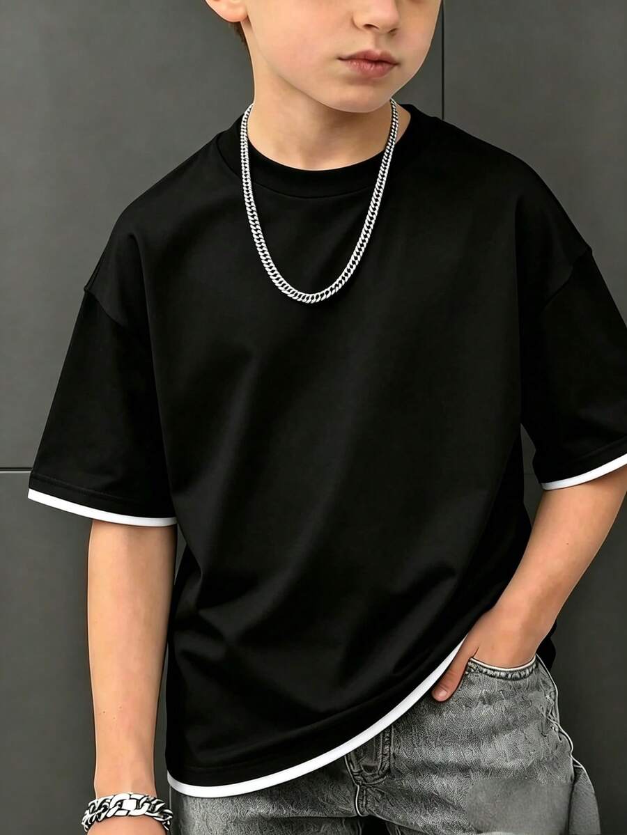 Boys Colorblock White Sleeve Pure Black Short Sleeve T-Shirt, Minimalist Round Neck Loose Fit Basic Kids T-Shirt - Black - View 1