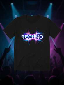 T-Shirt With Electric Techno Waves Graphic Print - 100% For Men - 黑色 - 查看 1