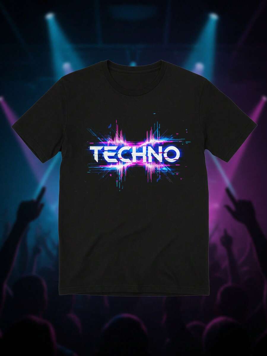 T-Shirt With Electric Techno Waves Graphic Print - 100% For Men - 黑色 - 查看 1