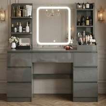 Devoko Modern Dressing Table With LED Mirror, 3 Light Colors And Dimmable Brightness, Vanity Table With 7 Drawers, Open Shelves And Optional Stool, Dressing Cabinet For Bedroom, White/Black/Pink/Vintage - Grey - View 2
