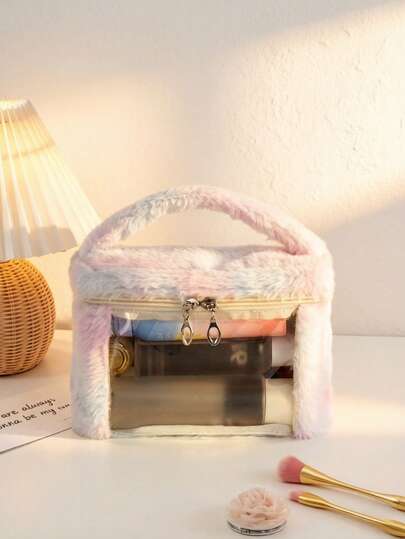 1/2pcs Beach Sunset Glow | Dreamy Macaron Plush Makeup Bag For Women, Large Capacity Portable Travel Organizer, Transparent Visible Toiletry Bag, Cosmetic Storage Pouch