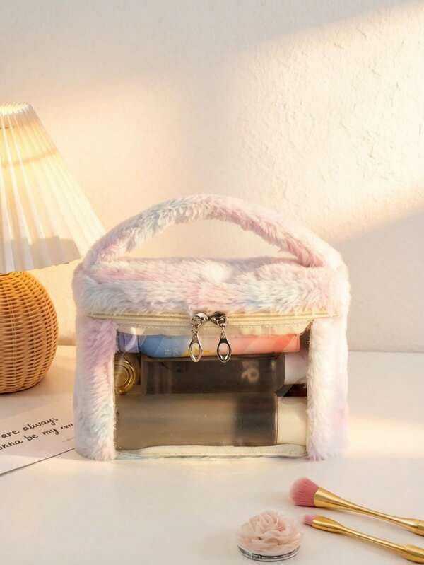 1/2pcs Beach Sunset Glow | Dreamy Macaron Plush Makeup Bag For Women, Large Capacity Portable Travel Organizer, Transparent Visible Toiletry Bag, Cosmetic Storage Pouch