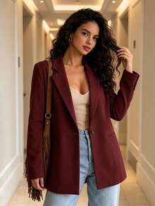 FASHION MO FEMININE- MK0254, Women's Blazer, Suit Jacket, Fitted, Elegant, Formal, Modern, Valentine's Day SHE(IN) - 酒紅色 - 查看 9