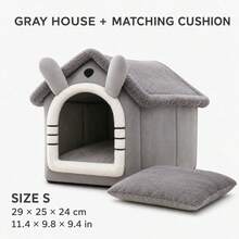 Cute House-Shaped Cat Bed With Matching Cushion, Indoor Plush Pet Cave Bed For Cats And Small Dogs, Brown Bear/Grey, S/M/L - Multicolor - View 18