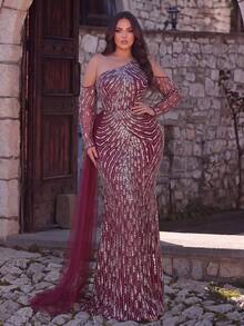 Women's Elegant Plus Size Long Sleeve Asymmetrical Sequin Beaded Formal Dress Mermaid Hem For Party & Evening - Burgundy - View 4