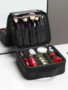 Large Capacity Minimalist Makeup Bag, With Two Removable Dividers, Portable Makeup Organizer With Handle, Durable Water-Resistant Cosmetic Storage Bag With Zipper And Adjustable Strap, Suitable For Travel And Events, Essential For Professional Makeup Artists (Removable Dividers Shipped Randomly),Bedroom Room Decor,Back To School - Black - View 5
