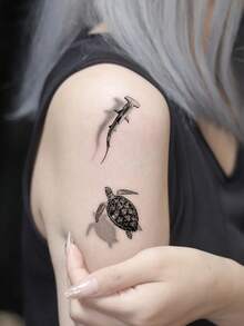 Black 3D Minimalist Marine Life Turtle Shark Pattern Party Gift DIY Concert Holiday Gift Temporary Waterproof Tattoo Stickers For Arm Shoulder Neck Collarbone - Black - View 1