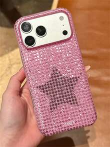 Y2K Cute Glitter Pink Polka Dot & Star Pattern Phone Case, Compatible With IPhone 17 Pro Max 17 Pro 17 16 Pro Max 16 Pro 16 15 Pro Max 15 Pro 14 Pro Max 14 Pro 13 12 11, Luxury Rhinestone Textured Soft Back Cover - Pink - View 2