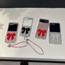 Full Rhinestone 3D Bow With Sparkling Crystal Wrist Strap Folding Phone Case Compatible With Galaxy Z Flip3 5G/Galaxy Z Flip 4 5G/Galaxy Z Flip 5 5G/Galaxy Z Flip 6 5G/Galaxy Z Flip 7 5G Sweet Luxury Sparkling Crystal Girl Folding Protective Case - Silver - Silver Bow - View 1