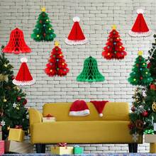 Christmas Honeycomb Hanging Decorations, Paper Christmas Tree Santa Hat Bell Ornaments, Festive Holiday Ceiling Decor For Christmas Party Home New Year Celebrations - Multicolor - View 6