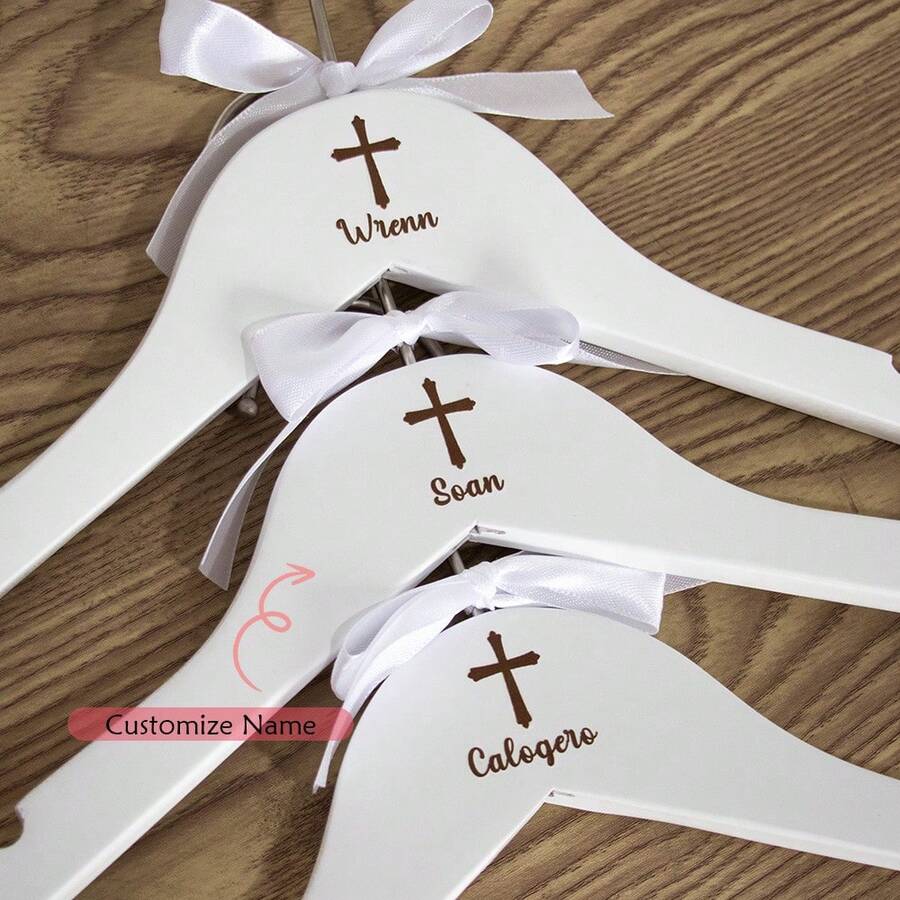 Personalized Custom Name Set Dress, White Cross Hanger, Baptism & First Communion Decor For Boys & Girls, 2026 First Holy Communion Party Favor, Son Daughter Baby Baptism Memorial Gift - White - View 1