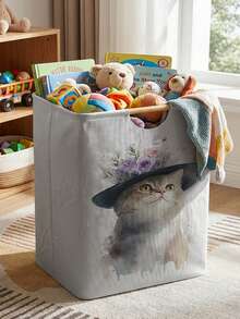 1pc Storage Basket, Laundry Hamper, Washing Basket, Storage Bin, Kitten Print Design, Foldable Multipurpose Storage Box With Wooden Handles, Ideal For Daily Clothes Storage And Arrangement - Multicolor - View 4