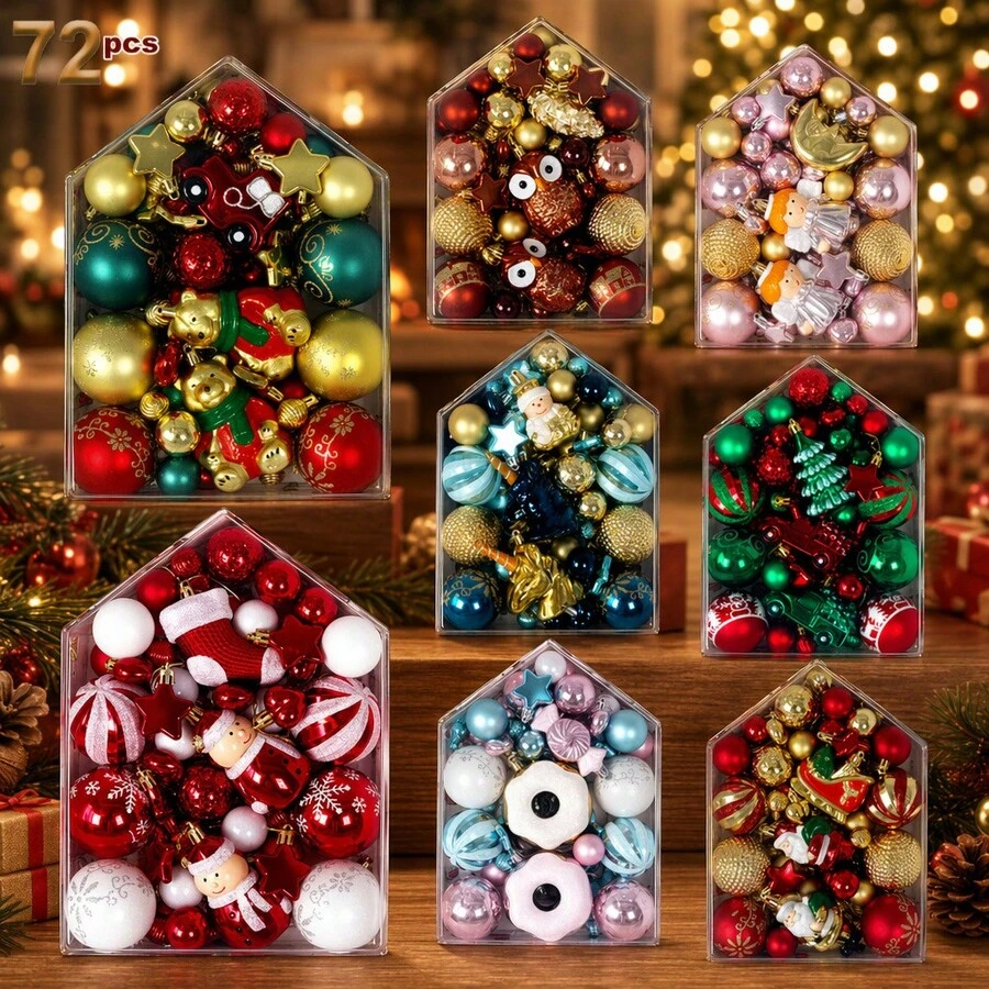 New 72pcs House Set Christmas Ball Painted Asymmetrical Electroplated Ball Christmas Tree Hanging Decor Holiday Decoration - 72 Pieces - View 1