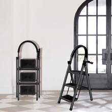 Folding Step Ladder 3 Steps, Heavy Duty Folding Step Ladder, 150kg Load, Small Folding Ladder With Non-Slip Steps, Household Ladder For Kitchen, Home And Garden - 3-step Black - View 2